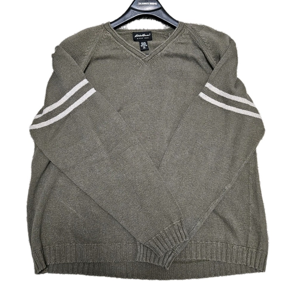 Eddie Bauer Sweater Mens XXL Tall Green V-Neck Linen Cotton Blend Varsity Stripe